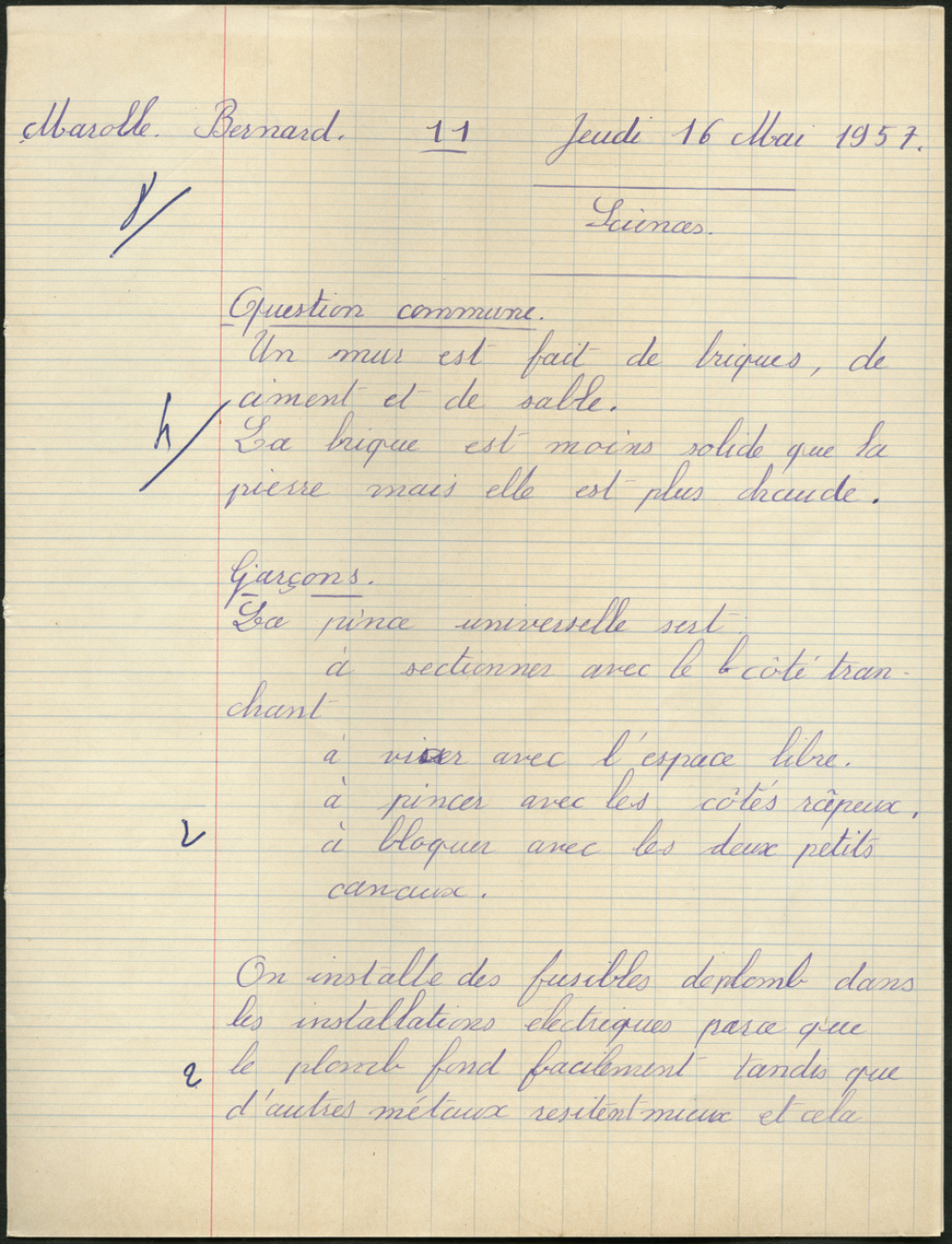 Certificat d'études 1957. Canton de Damville. Devoir de sciences / garçons