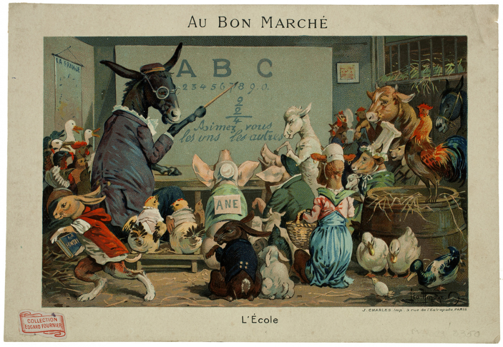 Image réclame à collectionner. Au Bon Marché. L'Ecole.