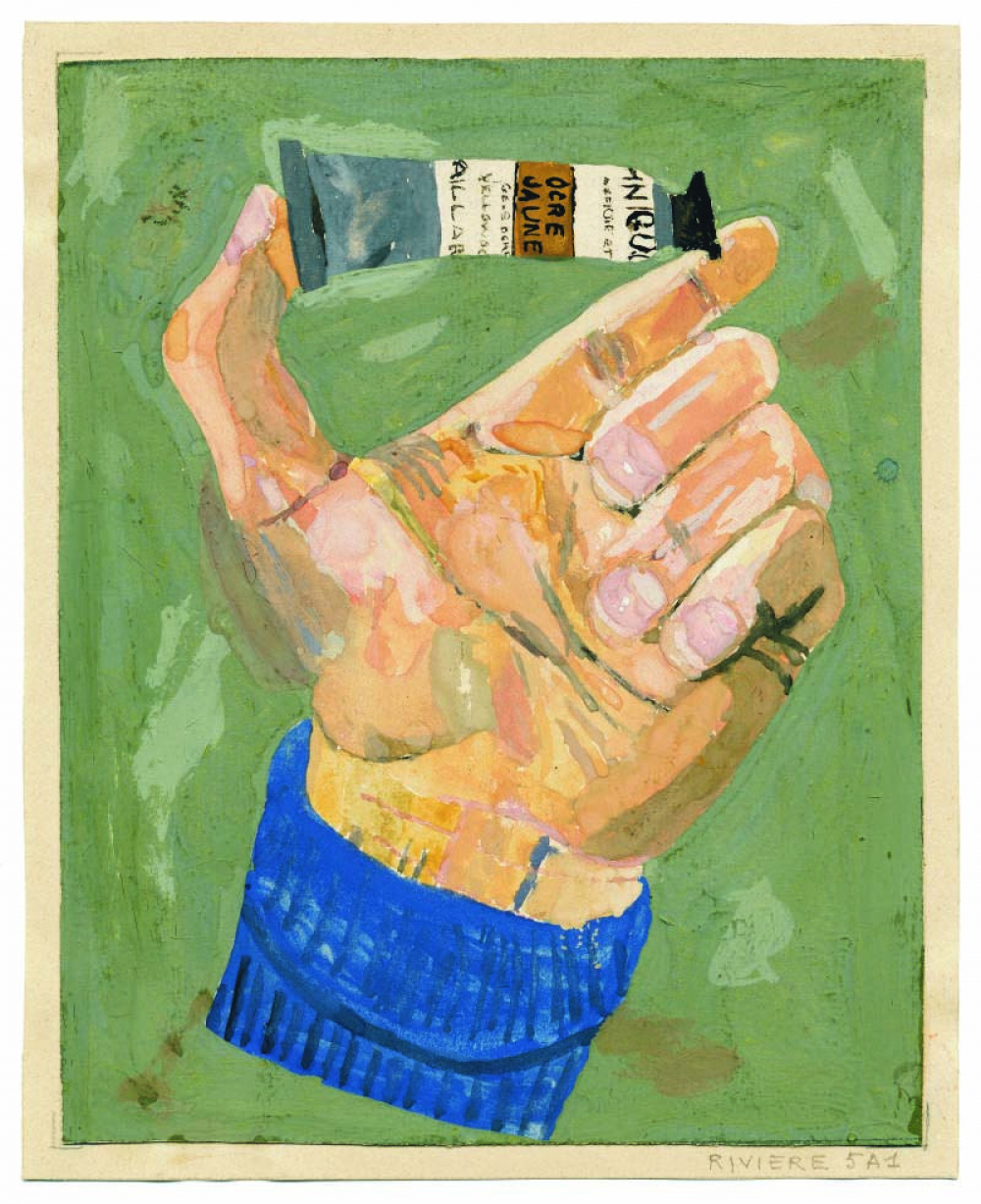 Production plastique fonds Burel. Étude de main au tube de gouache. 