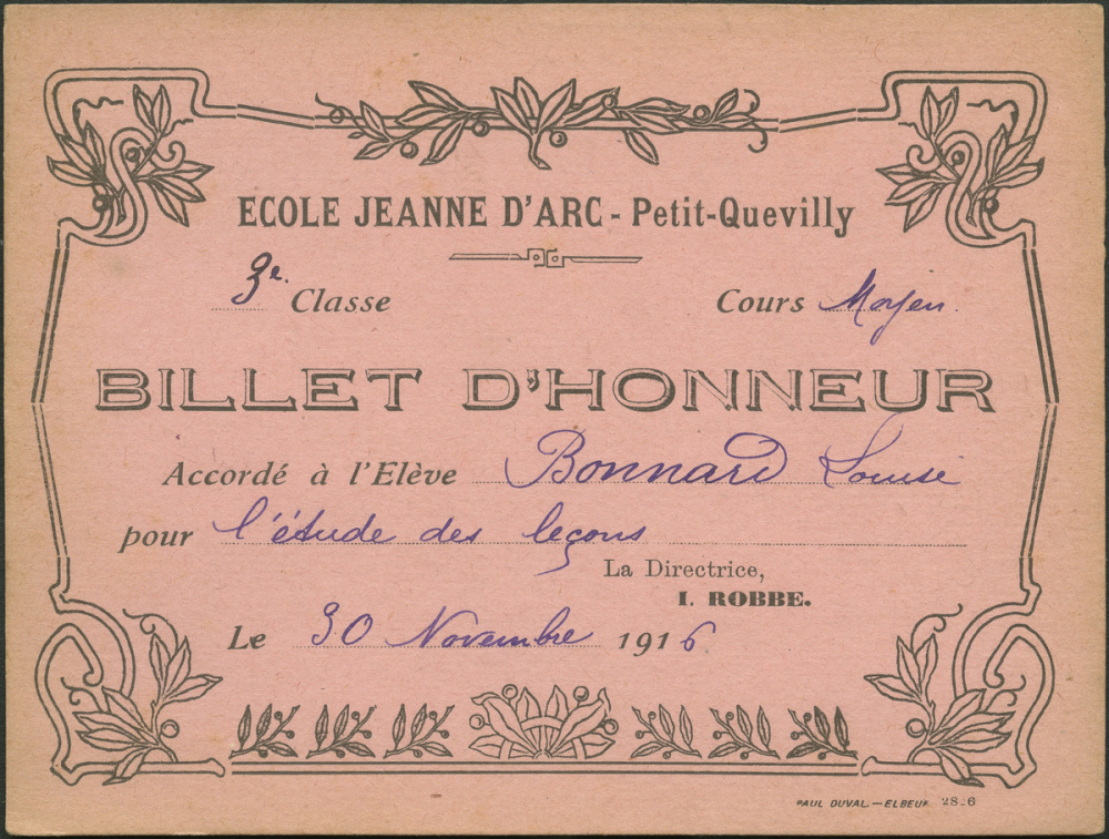 Billet d'honneur accordé à l'élève Bonnard Louise pour l'étude des leçons, le 30 novembre 1916