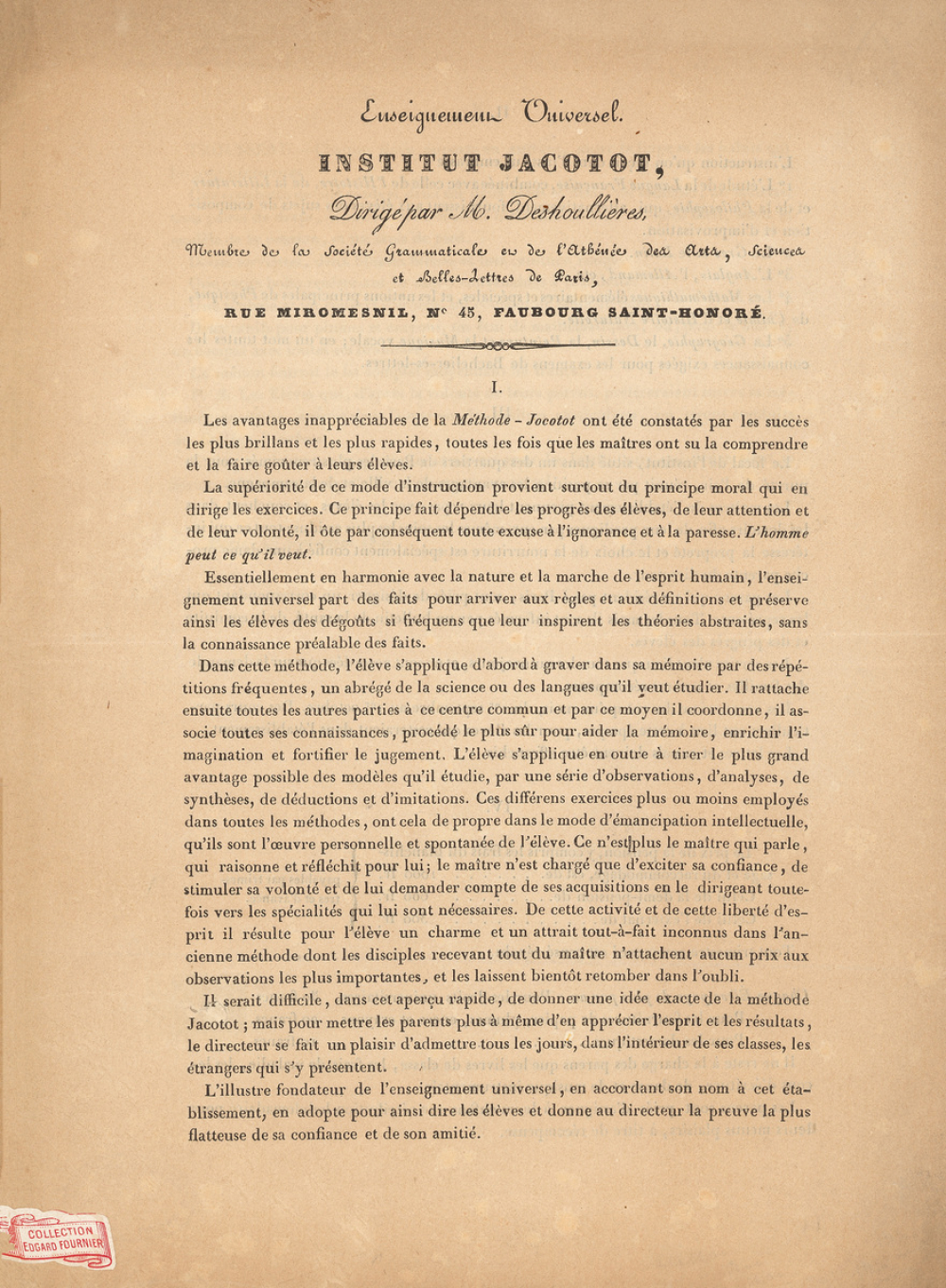 Enseignement Universel. Institut Jacotot. 