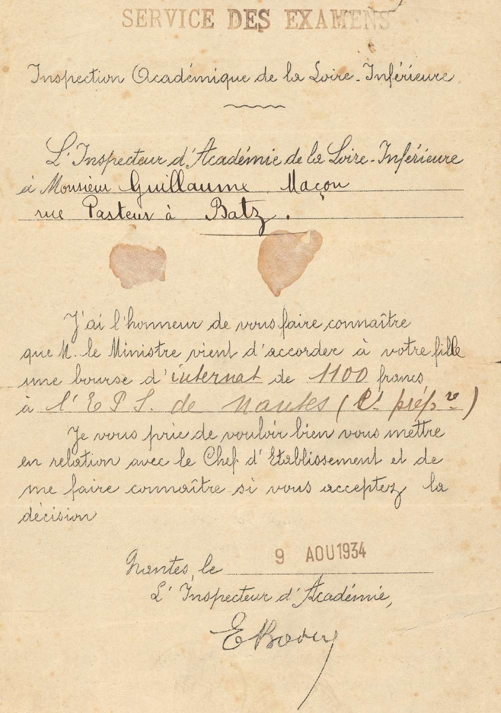 Ecole Primaire Supérieure de Nantes. Avis d'attribution d'une bourse. 