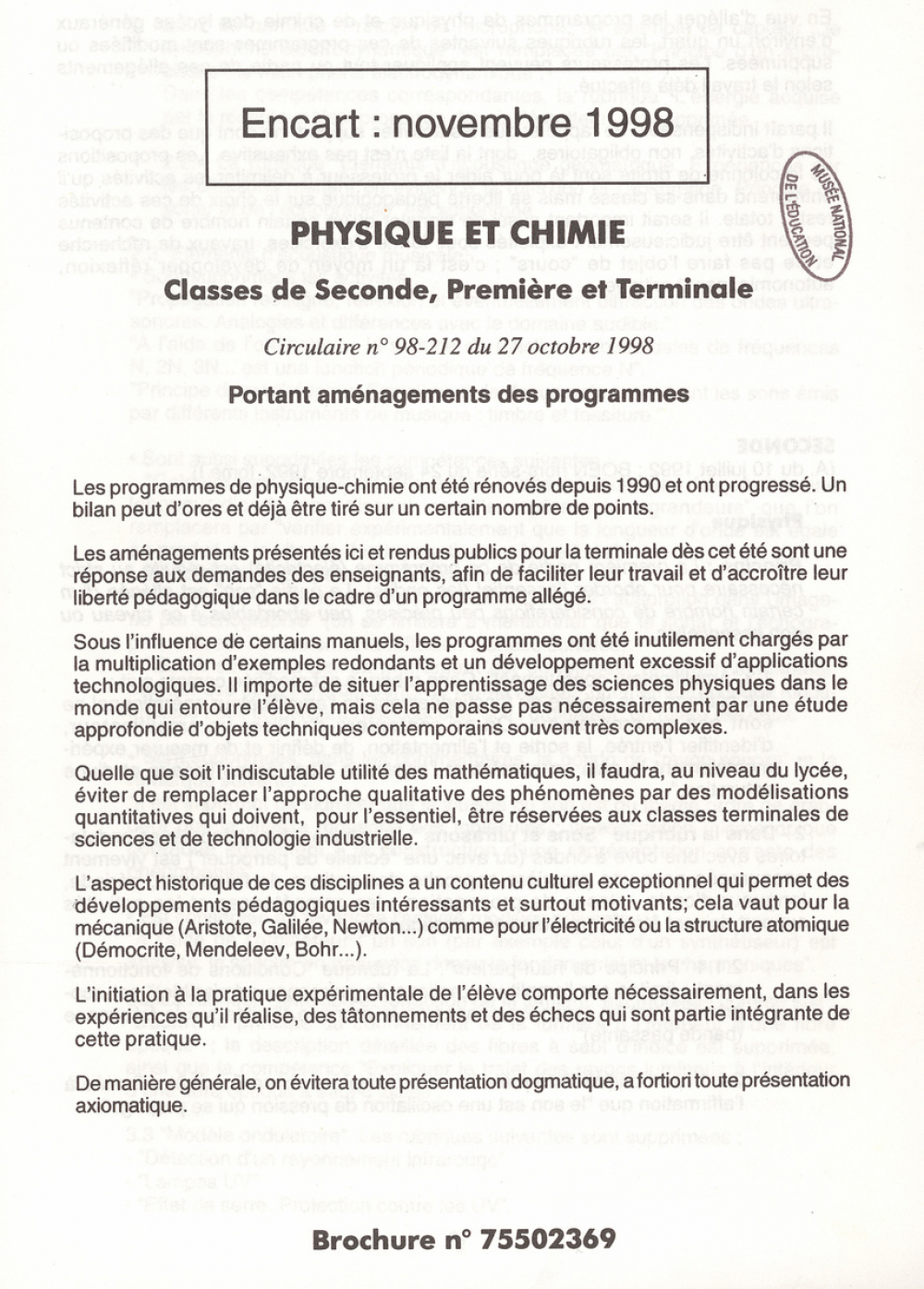 Encart : novembre 1998 - Physique et Chimie, classes de Seconde, Première et Terminale.
