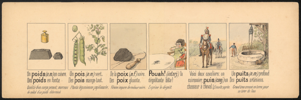 Planche illustrée pour apprendre l'homonymie : poids / pois / poix / pouah, puis / puits