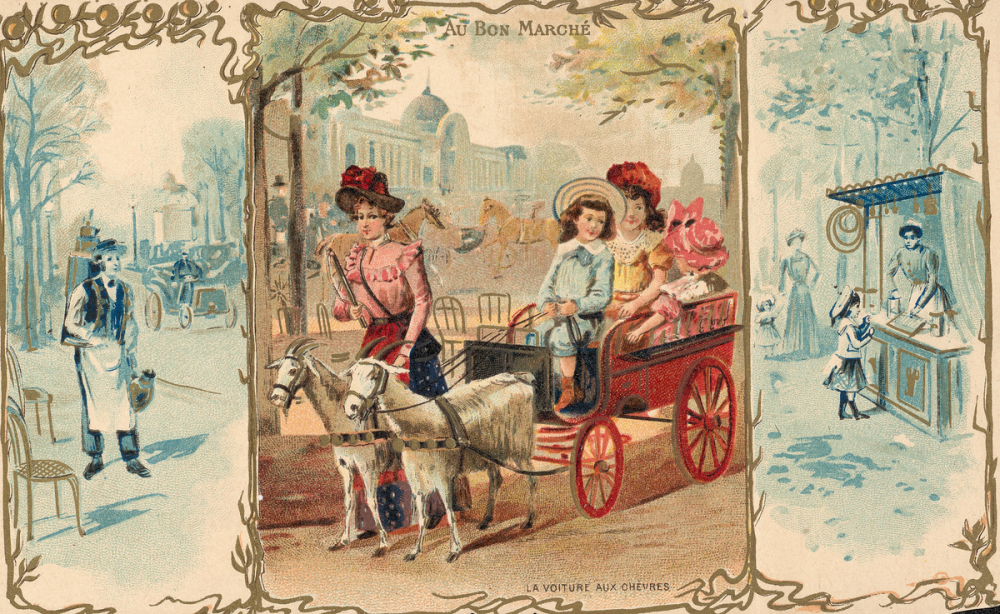 Carte réclame en triptique. Au Bon Marché. La voiture aux chèvres.