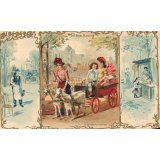 Carte réclame en triptique. Au Bon Marché. La voiture aux chèvres.