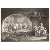 Intérieur de ferme : vieillard entouré de cinq enfants. 