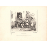 Alphabet moral et philosophique à l'usage des petits et des grands enfans. I. Indigence.  Le petit riche donne au vieillard les deux sous de son déjeuner. Le petit prolétaire dit : J'ai rien, l'intention suffit. Dieu les récompensera.