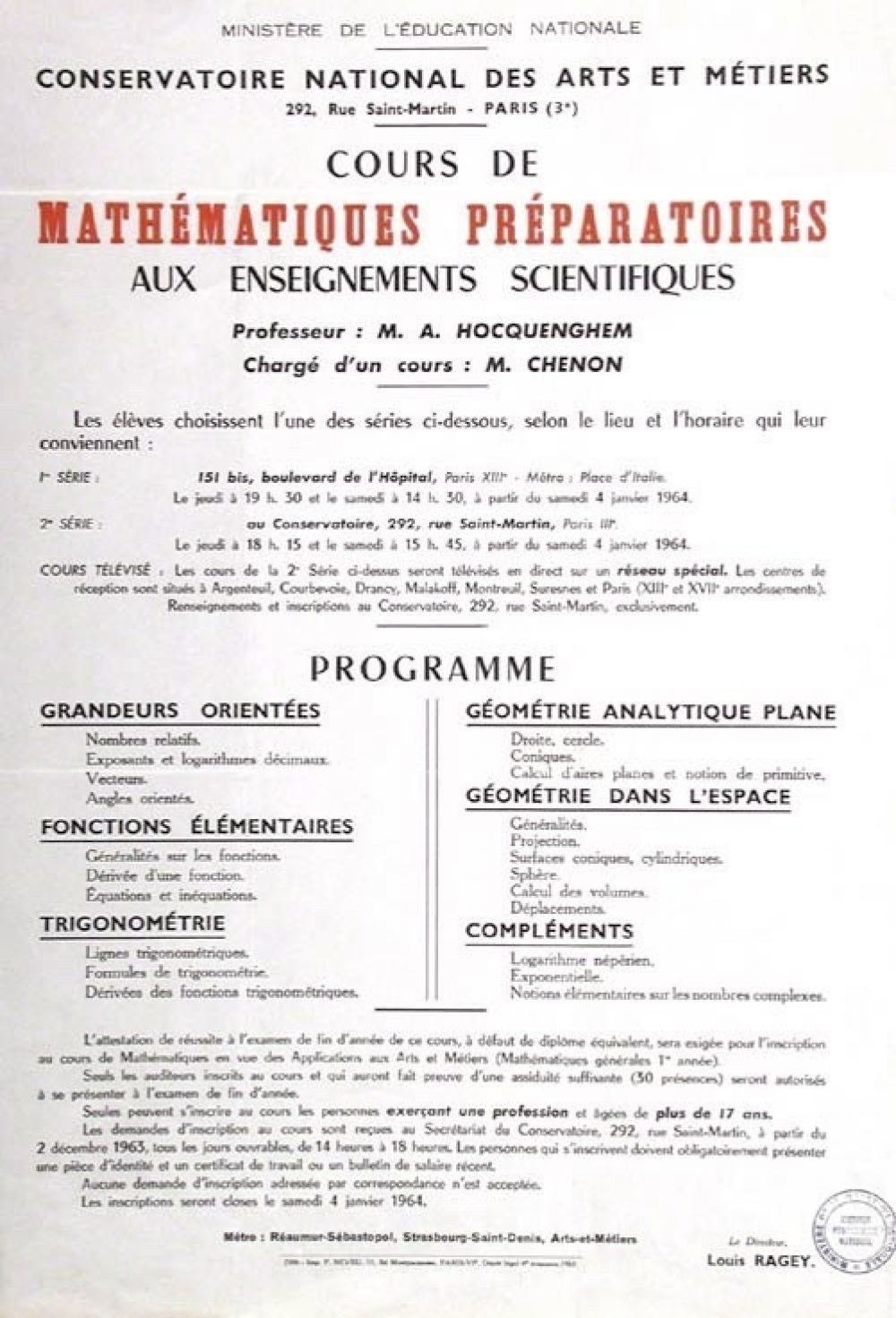 Ministère de l'Education Nationale - Conservatoire National des Arts et Métiers - Cours de Mathématiques Préparatoires aux enseignements scientifiques.