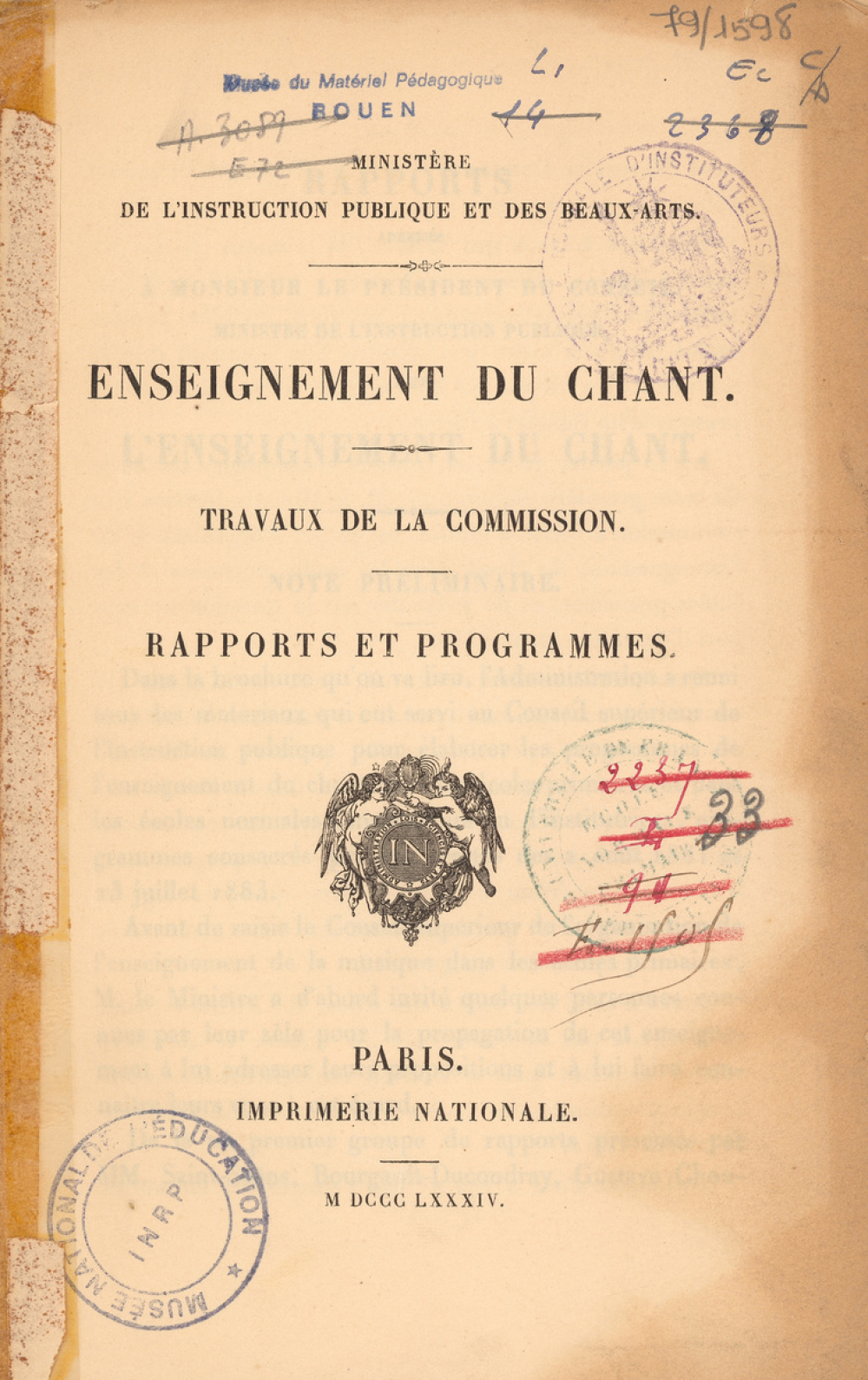 Enseignement du chant : travaux de la commission : rapports et programmes