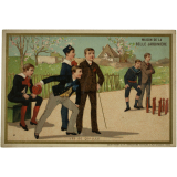 Cartes réclame. Maison de la Belle Jardinière. Jeux d'extérieur : quilles, croquet, toupies, barres, saut de mouton
