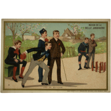 Cartes réclame. Maison de la Belle Jardinière. Jeux d'extérieur : quilles, croquet, toupies, barres, saut de mouton