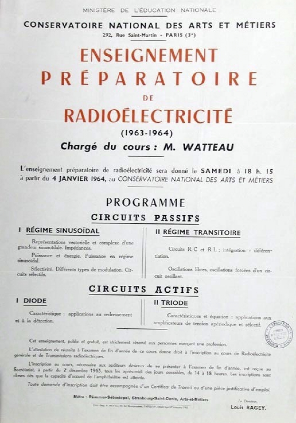 Ministère de l'Education Nationale - Conservatoire National des Arts et métiers. Enseignement préparatoire de radioélectricité (1963-1964).