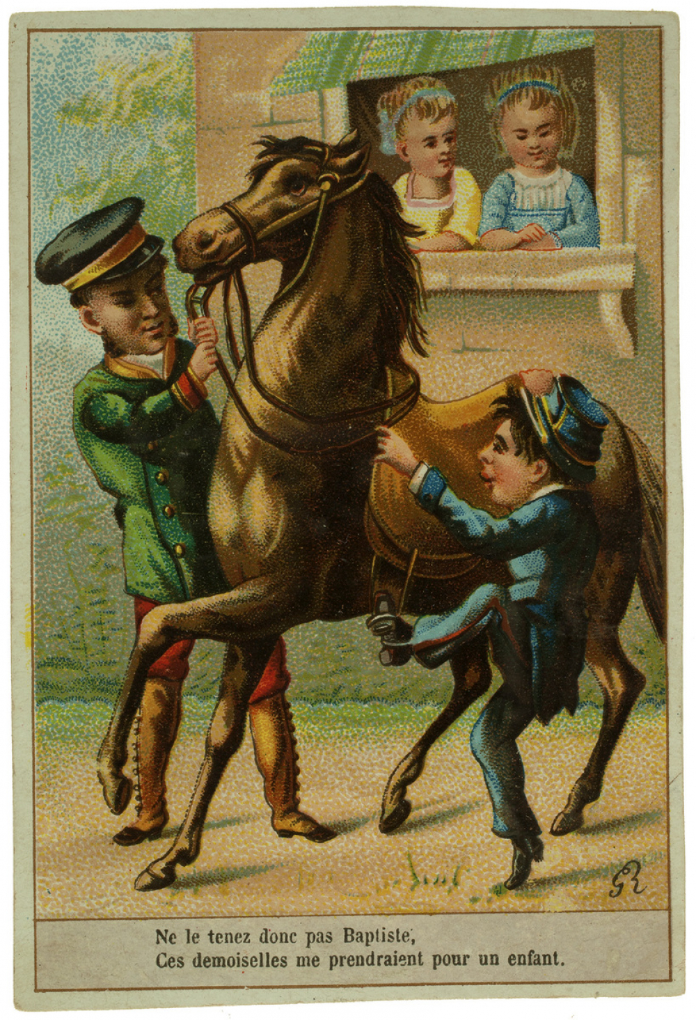 Image à collectionner. Ne le tenez donc pas Baptiste, ces demoiselles me prendraient pour un enfant.
