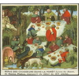 Image d'histoire - Enluminure - Repas des chasseurs dans la forêt (Livre de chasse de Gaston Phébus, manuscrit du début du XVe siècle)
