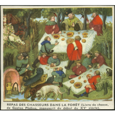 Image d'histoire - Enluminure - Repas des chasseurs dans la forêt (Livre de chasse de Gaston Phébus, manuscrit du début du XVe siècle)