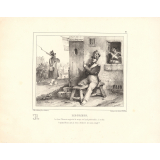 Alphabet moral et philosophique à l'usage des petits et des grands enfans. R. Regrets. Le bon Chauvin regrette la soupe au lard paternelle ; il se dit : A quand donc que je serai délibéré de mon congé ?.