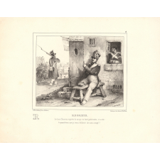 Alphabet moral et philosophique à l'usage des petits et des grands enfans. R. Regrets. Le bon Chauvin regrette la soupe au lard paternelle ; il se dit : A quand donc que je serai délibéré de mon congé ?.