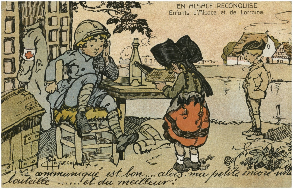 En Alsace reconquise - Enfants d'Alsace et de Lorraine - Le communiqué est bon… alors, ma petite, encore une bouteille… et du meilleur!