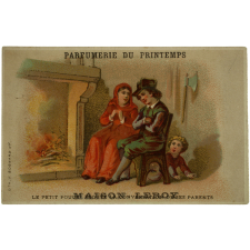 Cartes réclame. Maison Leroy. Parfumerie du Printemps. Le petit Poucet écoute la conversation de ses parents. Le petit Poucet sème des cailloux afin de reconnaître son chemin.