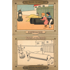 Cartes réclame. Au Bon Marché. Images à colorier. Espièglerie.