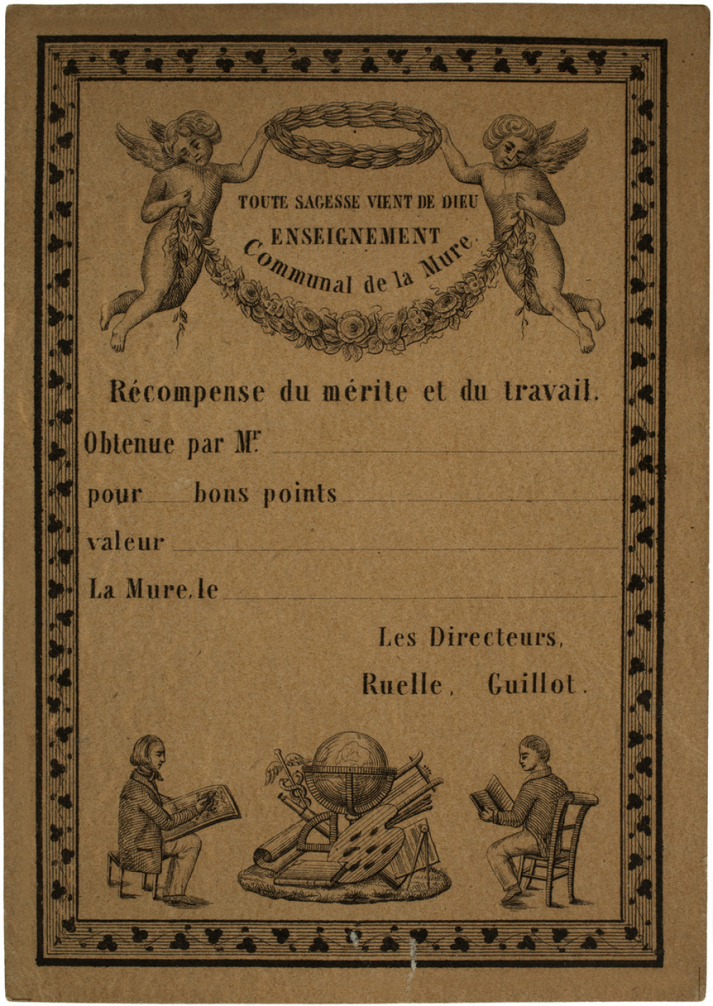 Enseignement communal de la Mure - Récompense du mérite et du travail.