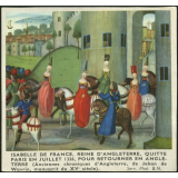 Image d'histoire - Enluminure - Isabelle de France, reine d'Angleterre, quitte Paris en juillet 1326, pour retourner en Angleterre (Anciennes chroniques d'Angleterre, de Jehan de Wavrin, manuscrit du XVe siècle)