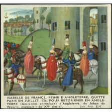 Image d'histoire - Enluminure - Isabelle de France, reine d'Angleterre, quitte Paris en juillet 1326, pour retourner en Angleterre (Anciennes chroniques d'Angleterre, de Jehan de Wavrin, manuscrit du XVe siècle)