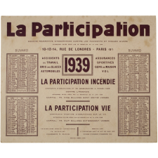 Buvard publicitaire. Assurances La Participation. Calendrier 1939. 