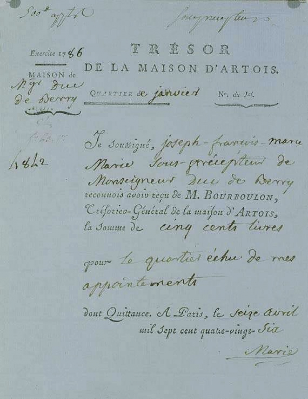 Reçus de l'abbé Marie, sous-précepteur du duc de Berry.