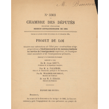Chambre des Députés. Projet de loi relatif aux subventions de l'Etat pour constructions et appropriations d'établissements et de maisons destinés au service de l'enseignement supérieur, de l'enseignement secondaire et de l'enseignement primaire.