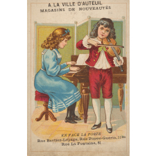 Carte réclame. A la Ville d'Auteuil. Magasins de Nouveautés. Les musiciens.
