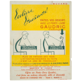 Buvard publicitaire. Écoliers, Étudiants ! Faites vos devoirs avec le porte-livre Gaudric à éclairage.