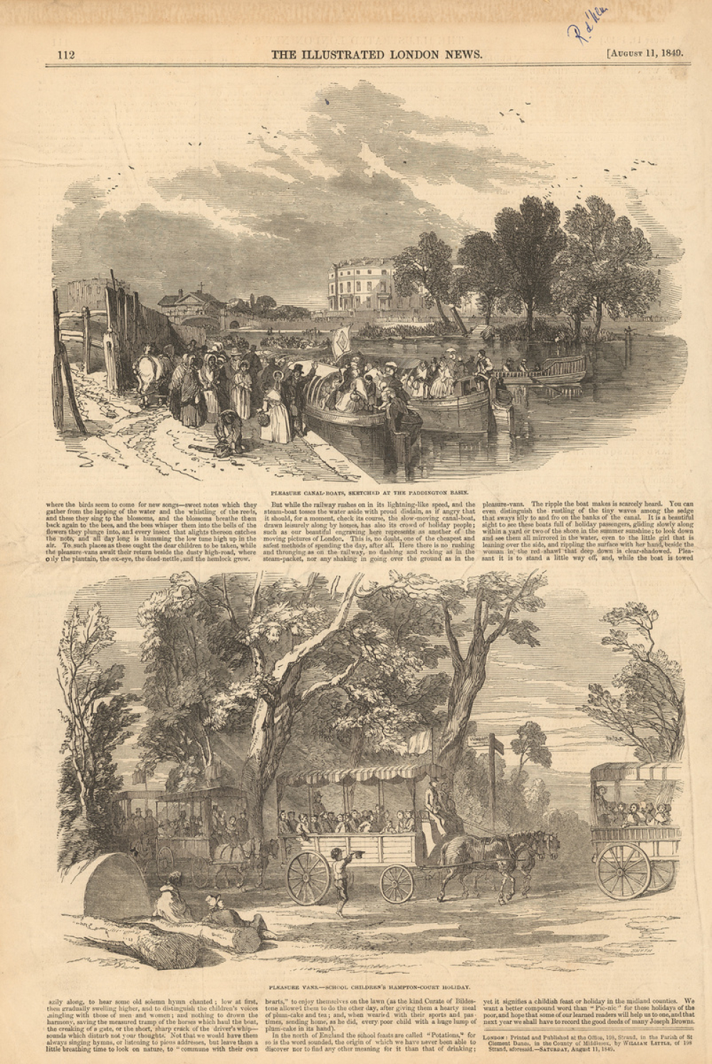 Pleasure canal-boats, sketched at the Paddington basin. Pleasure vans - school children's Hampton-Court holiday.