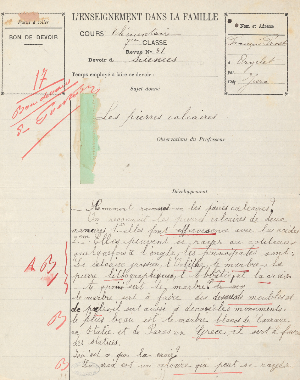Devoir de sciences : les pierres calcaires
