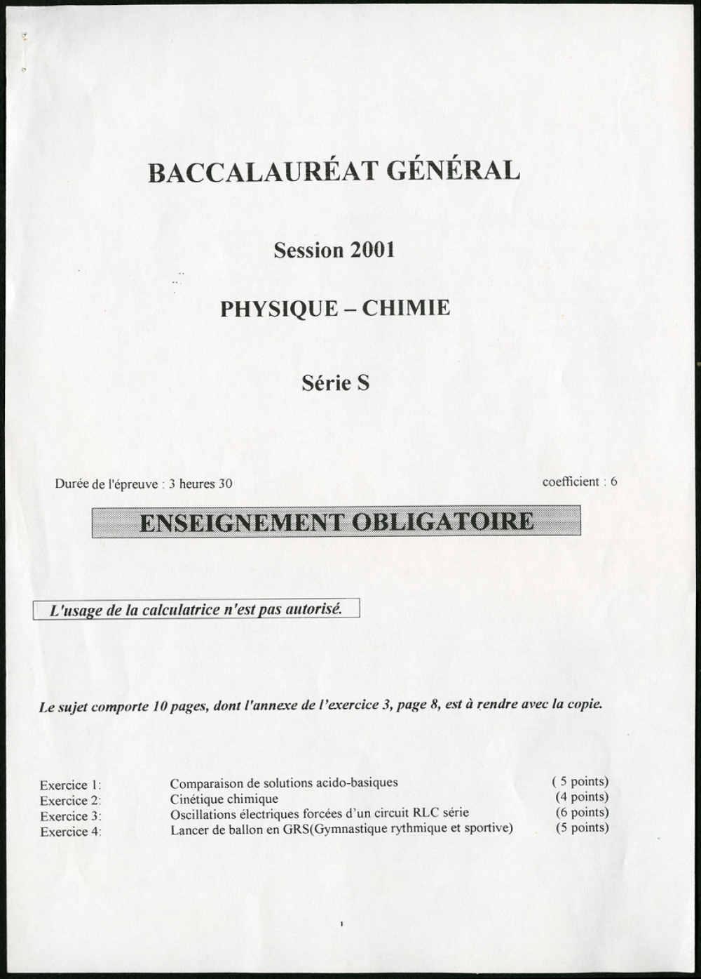 Baccalauréat Général - Sujet de physique-chimie - Série S