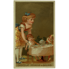 Cartes réclame. Chocolat Debauve et Gallais. Portraits de fillettes jouant à la poupée.
