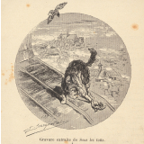 Sous les toits. Illustration. Chat attrapant un oiseau. .