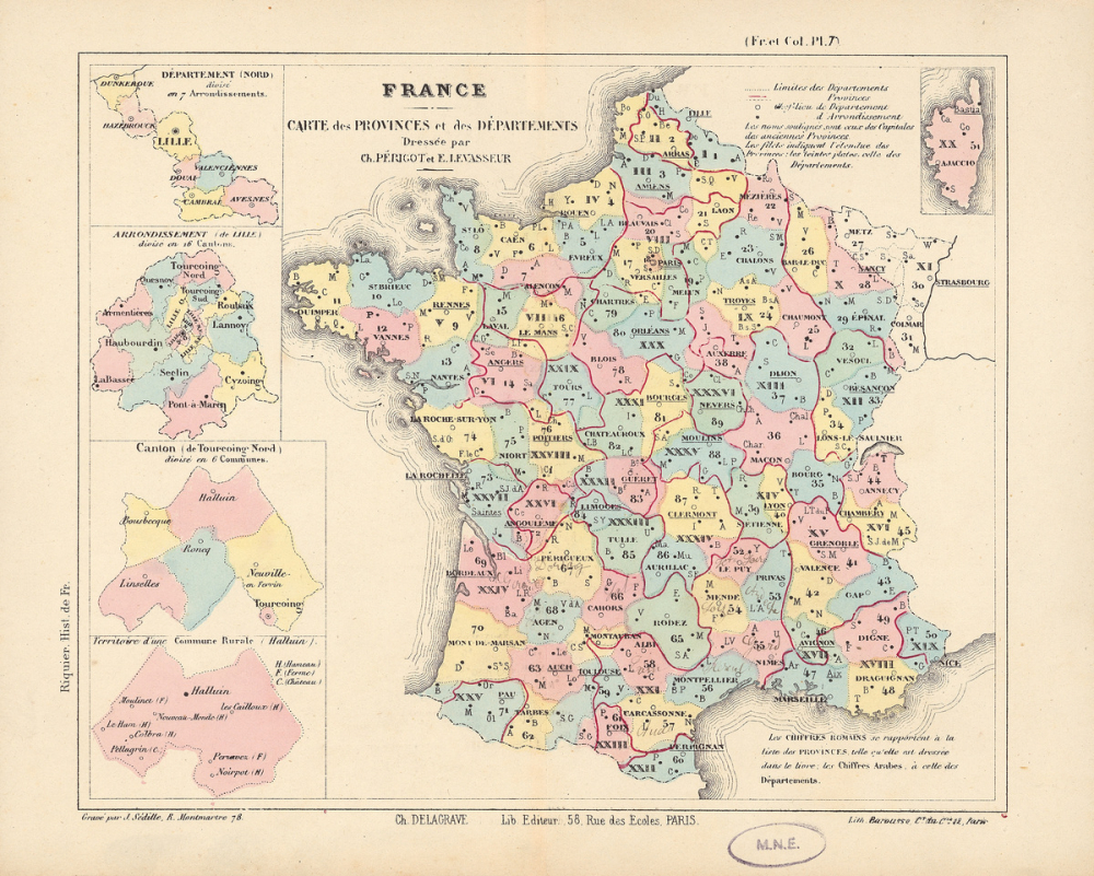 France. Carte des provinces et des départements. Carte des eaux.