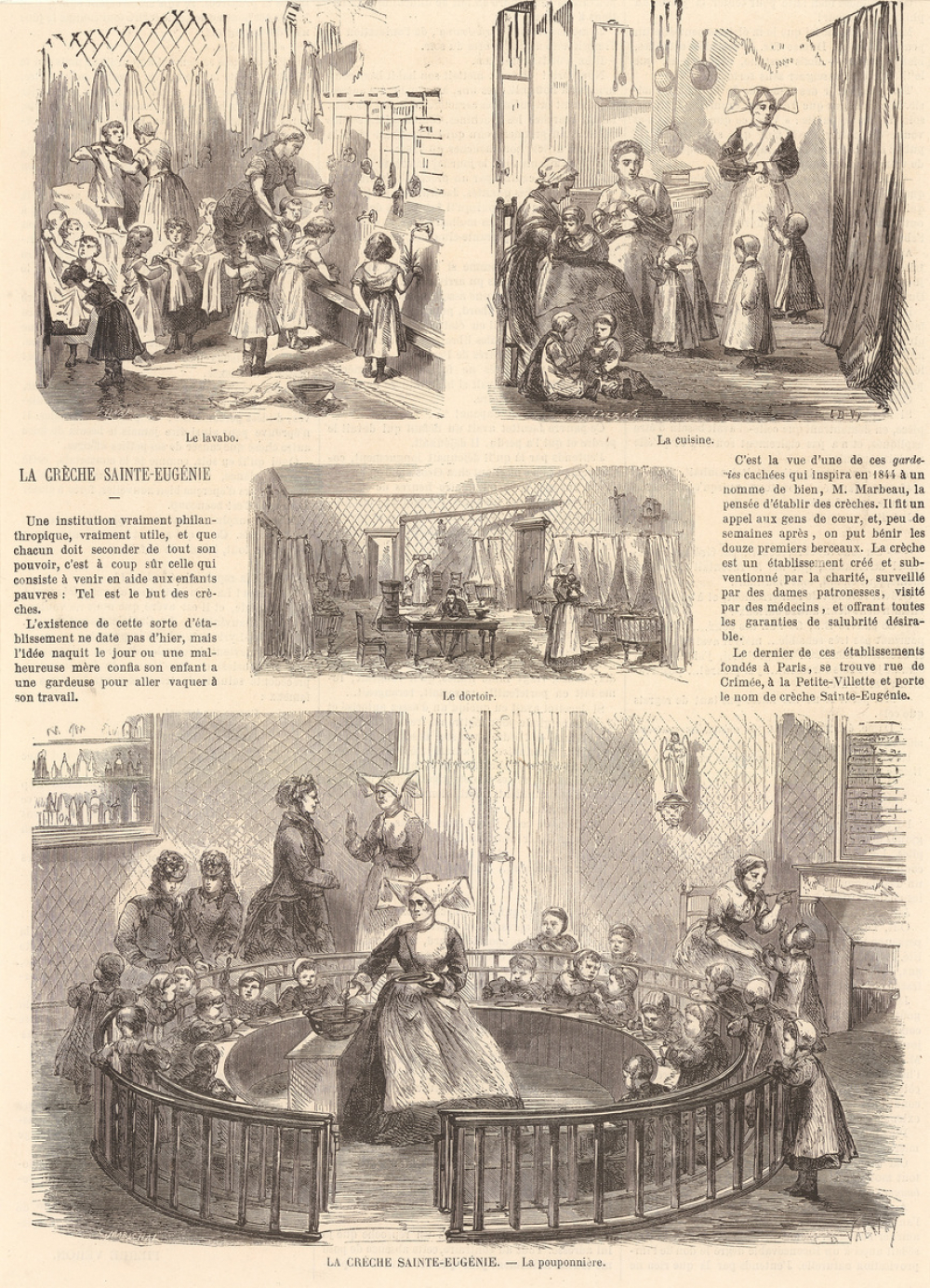 La crèche Sainte-Eugénie. Le lavabo. La cuisine. Le dortoir. La pouponnière.