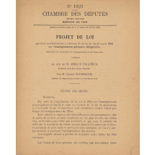 Chambre des Députés. Projet de loi portant modifications à l'article 14 de la loi du 28 mars 1882 sur l'enseignement primaire obligatoire.