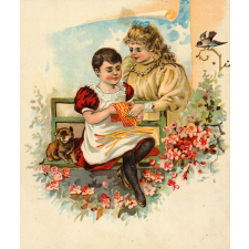 Fillettes sur un banc fleuri.