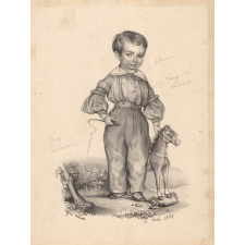 Jeune enfant avec son cheval à roulettes.