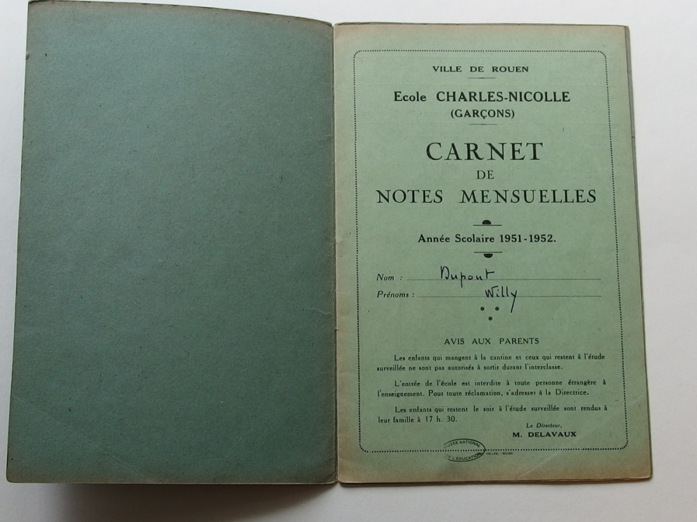 Carnet de notes mensuelles. Ville de Rouen. Ecole Charles-Nicolle (garçons). Année scolaire 1951-1952