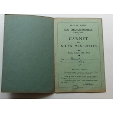 Carnet de notes mensuelles. Ville de Rouen. Ecole Charles-Nicolle (garçons). Année scolaire 1951-1952
