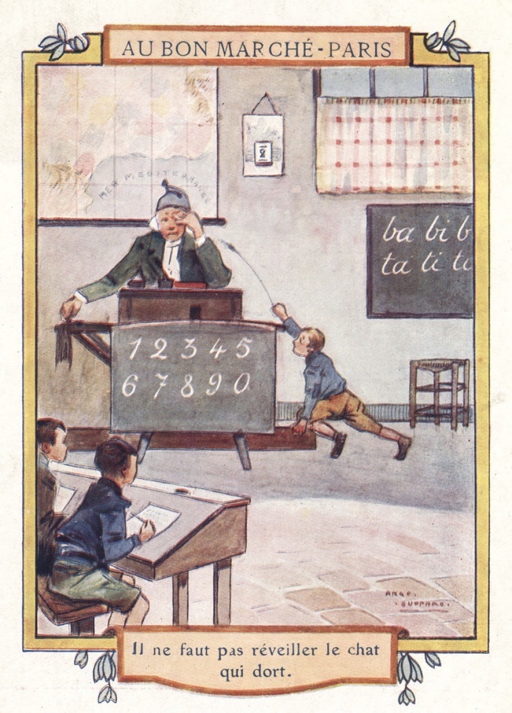 Cartes réclame. Au Bon Marché. Il ne faut pas réveiller le chat qui dort.