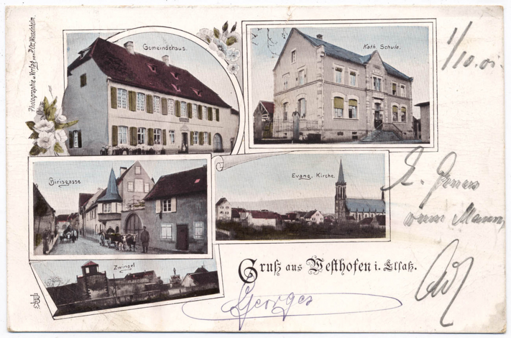 Gruss aus Westhofen i. Elsass - Gemeindehaus - Kath. Schule - Birisgasse - Evang. Kirche - Zwingel.