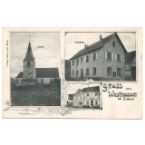 Gruss aus Westhausen bei Zabern - Kirche - Schulhaus.
