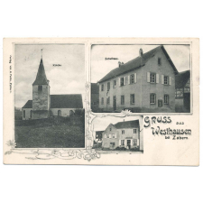 Gruss aus Westhausen bei Zabern - Kirche - Schulhaus.