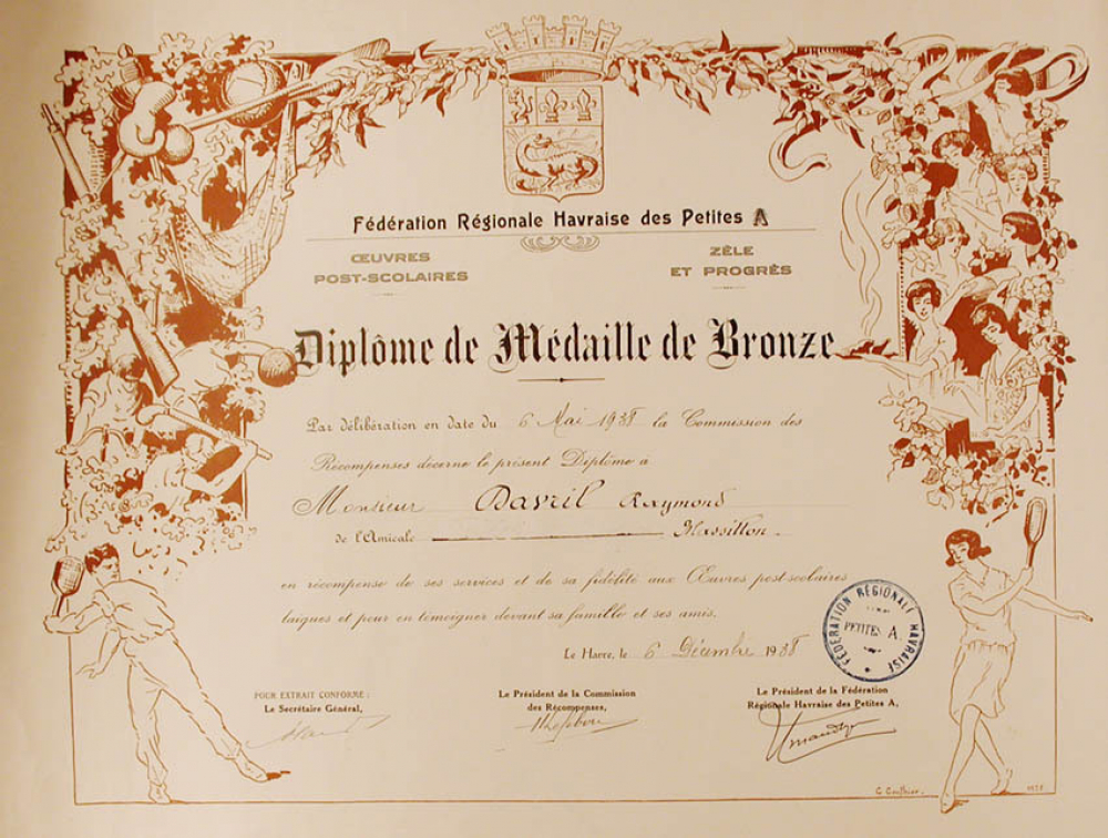 Fédération Régionale Havraise des Petites A : diplôme de médaille de bronze.